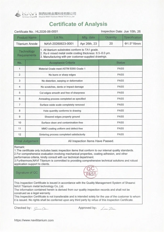 Titanium Anode COA | NAVI Titanium Titanium Anode COA | NAVI Titanium